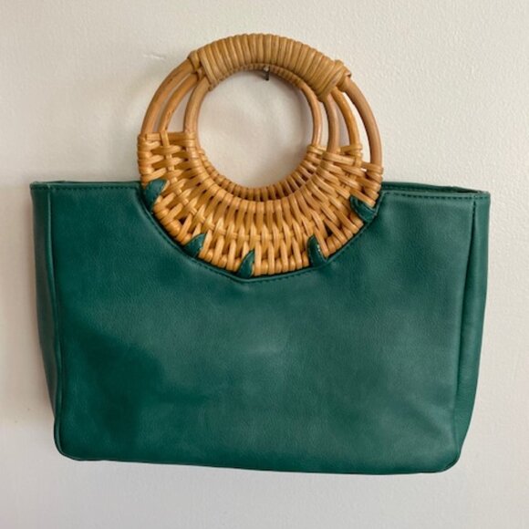 ANTHROPOLOGIE Marianne Green Tote Bag Wicker Handle - Picture 2 of 16